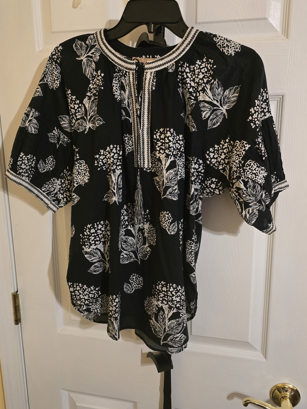 Black Floral Tunic Top with Tassel Tie